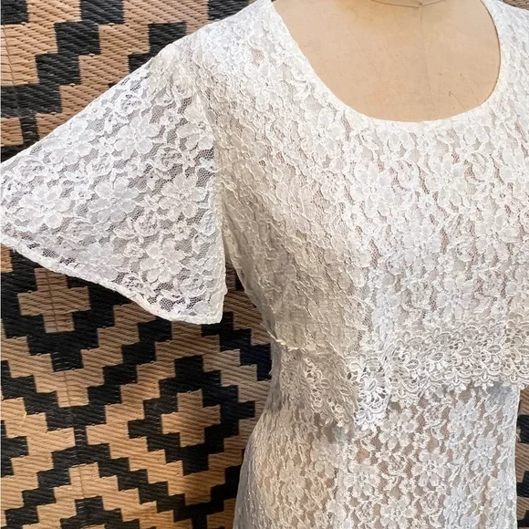 VINTAGE 80s lace corset tie back midi dress formal floral embroidery nylon white - Picture 4 of 11